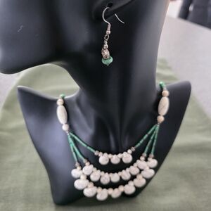 Simulated White & Green Turquoise  Beaded Multi-Strand Bib Necklace and Earrings